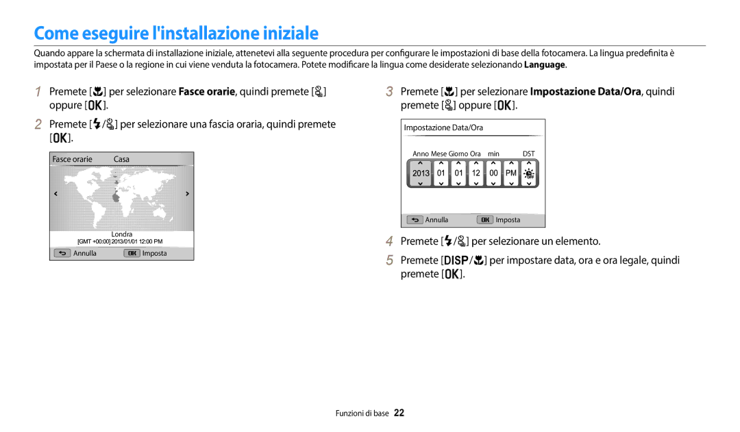 Samsung EC-WB2100BPBE1 Come eseguire linstallazione iniziale, Premete c per selezionare Fasce orarie, quindi premete t 