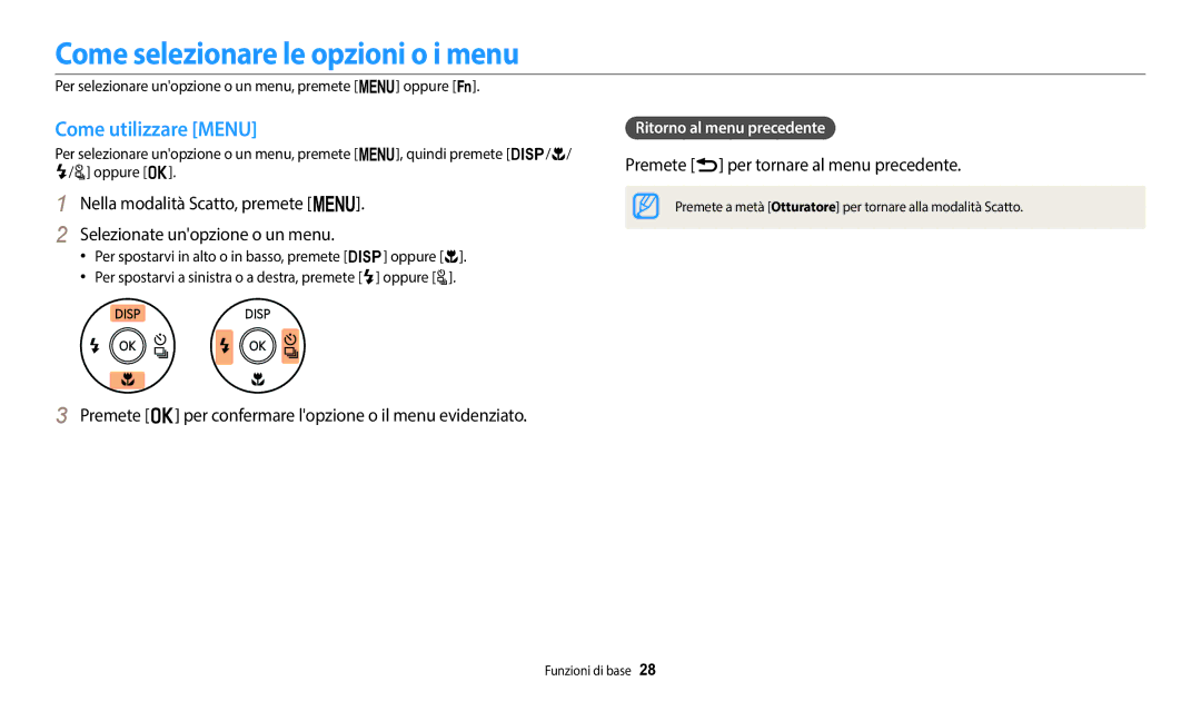 Samsung EC-WB2100BPBE1 manual Come selezionare le opzioni o i menu, Come utilizzare Menu, Ritorno al menu precedente 