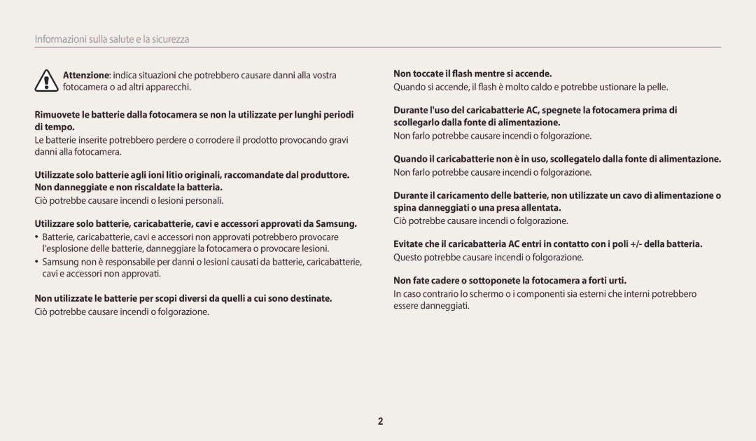 Samsung EC-WB2100BPBE1 manual Ciò potrebbe causare incendi o lesioni personali, Non toccate il flash mentre si accende 