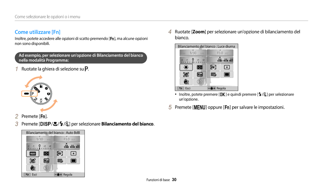 Samsung EC-WB2100BPBE1, EC-WB2100BPBTR manual Come utilizzare Fn, Premete m oppure s per salvare le impostazioni 