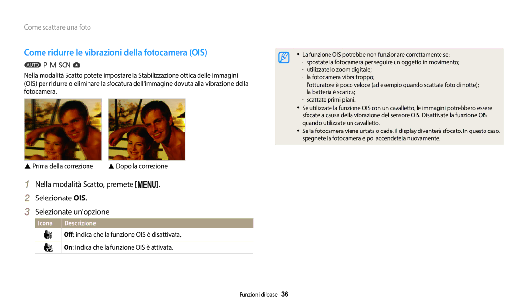 Samsung EC-WB2100BPBE1, EC-WB2100BPBTR manual Come ridurre le vibrazioni della fotocamera OIS 