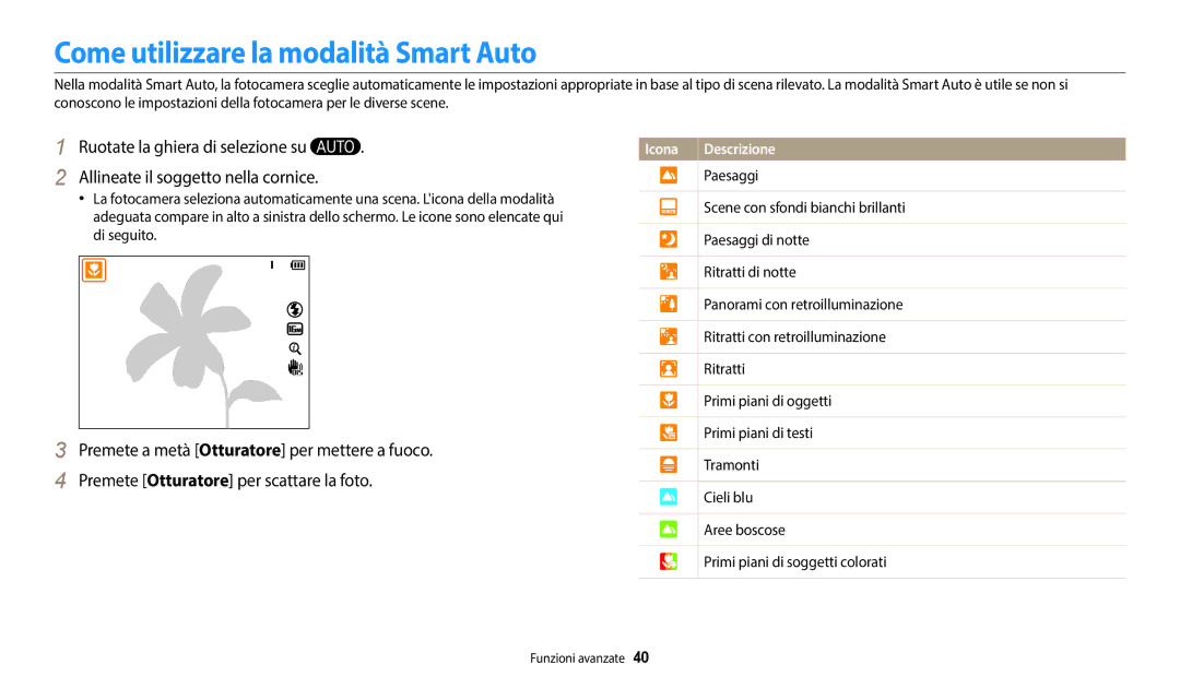 Samsung EC-WB2100BPBE1, EC-WB2100BPBTR manual Come utilizzare la modalità Smart Auto 