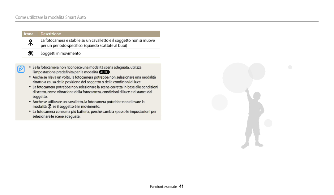 Samsung EC-WB2100BPBTR, EC-WB2100BPBE1 manual Come utilizzare la modalità Smart Auto, Soggetti in movimento 