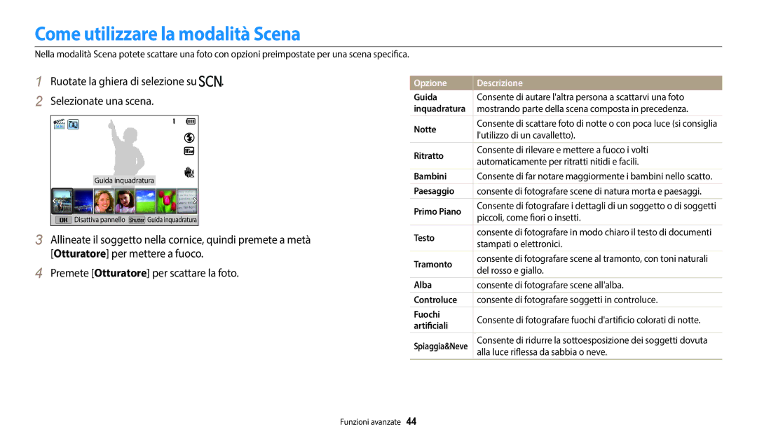 Samsung EC-WB2100BPBE1 manual Come utilizzare la modalità Scena, Ruotate la ghiera di selezione su Selezionate una scena 