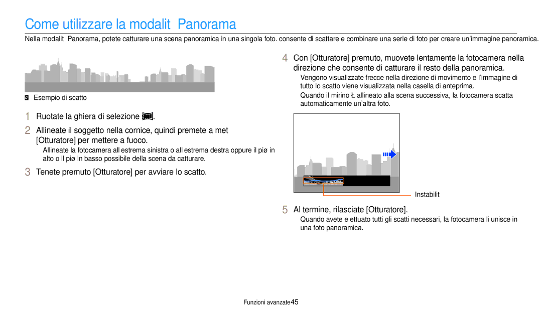 Samsung EC-WB2100BPBTR manual Come utilizzare la modalità Panorama, Tenete premuto Otturatore per avviare lo scatto 