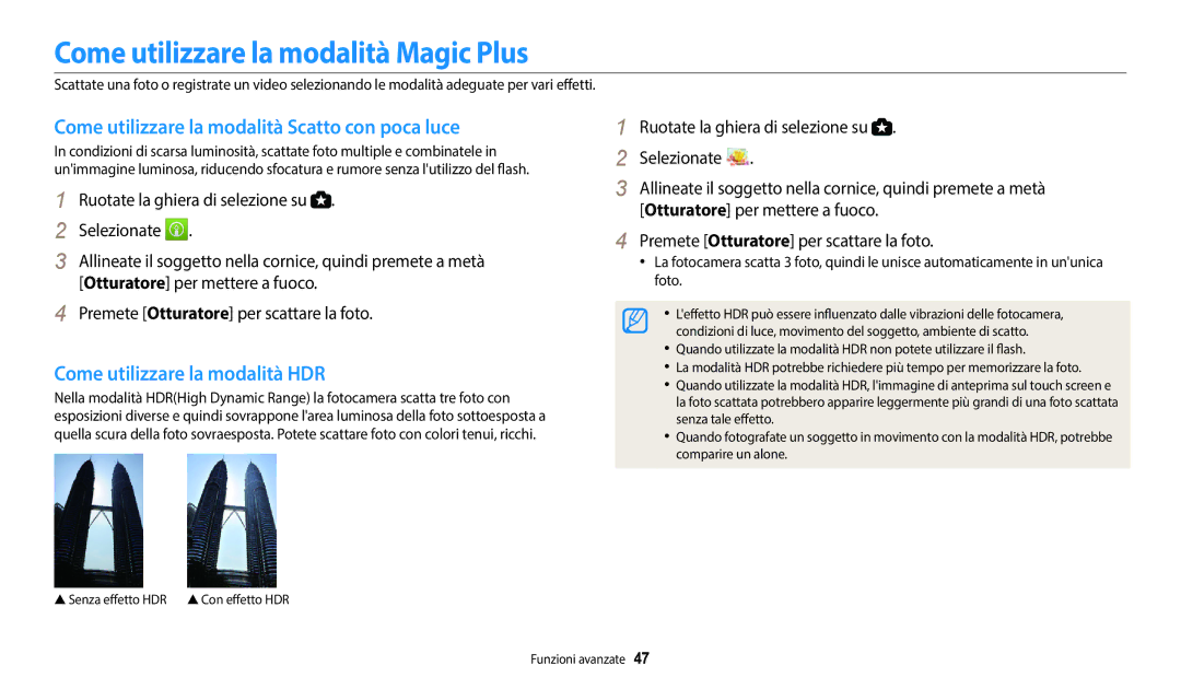 Samsung EC-WB2100BPBTR manual Come utilizzare la modalità Magic Plus, Come utilizzare la modalità Scatto con poca luce 