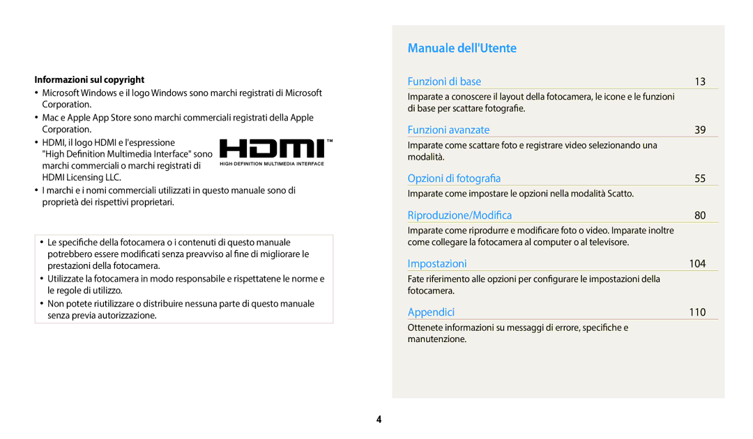 Samsung EC-WB2100BPBE1, EC-WB2100BPBTR manual Manuale dellUtente, 104, 110, Informazioni sul copyright 