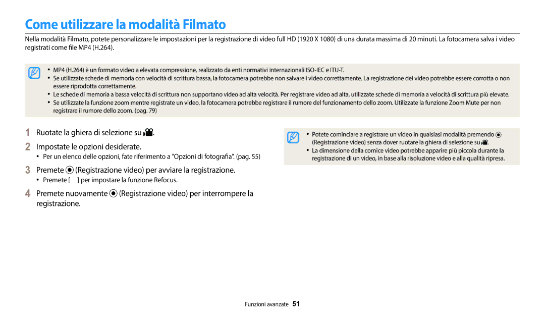 Samsung EC-WB2100BPBTR manual Come utilizzare la modalità Filmato, Premete Registrazione video per avviare la registrazione 