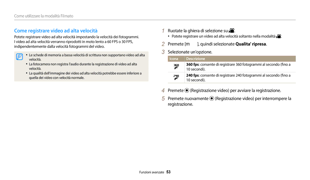 Samsung EC-WB2100BPBTR, EC-WB2100BPBE1 Come registrare video ad alta velocità, Ruotate la ghiera di selezione su, Secondi 