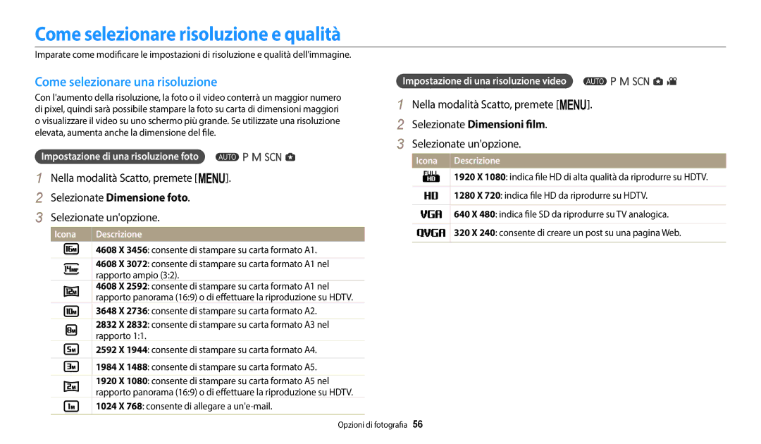 Samsung EC-WB2100BPBE1, EC-WB2100BPBTR manual Come selezionare risoluzione e qualità, Come selezionare una risoluzione 