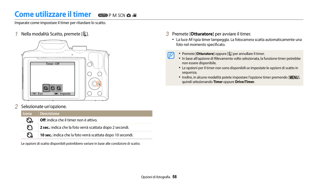 Samsung EC-WB2100BPBE1 Come utilizzare il timer, Nella modalità Scatto, premete t, Premete Otturatore per avviare il timer 