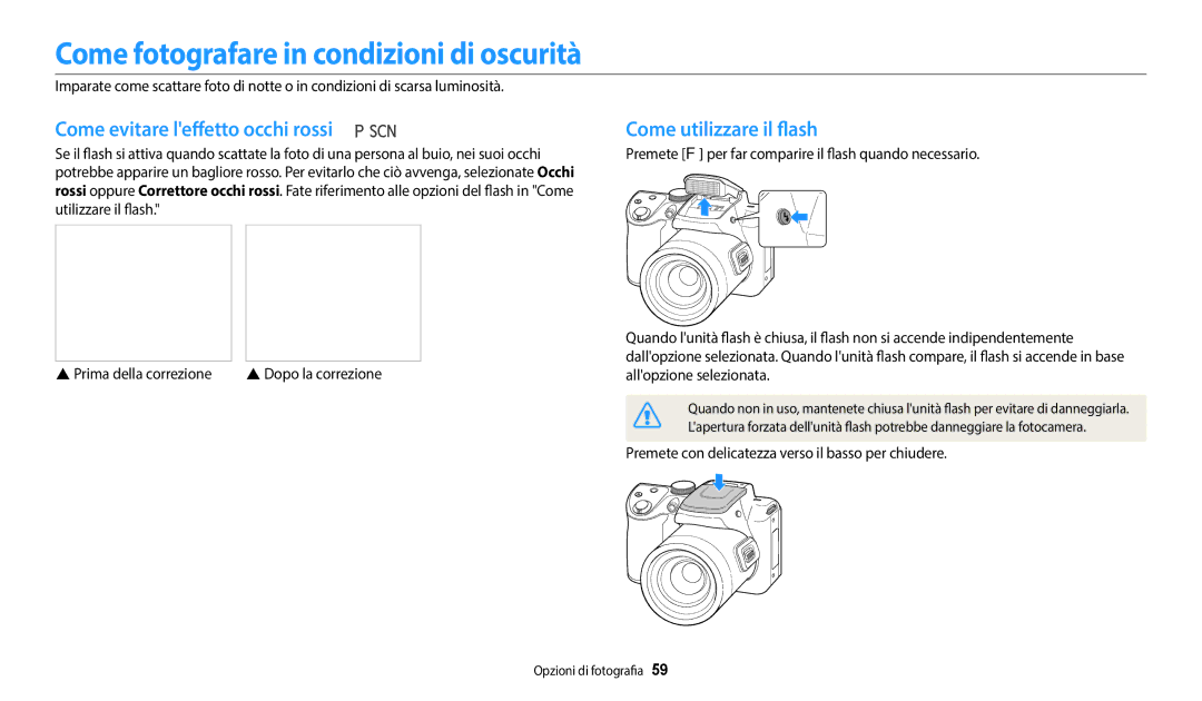 Samsung EC-WB2100BPBTR, EC-WB2100BPBE1 manual Come fotografare in condizioni di oscurità, Come evitare leffetto occhi rossi 