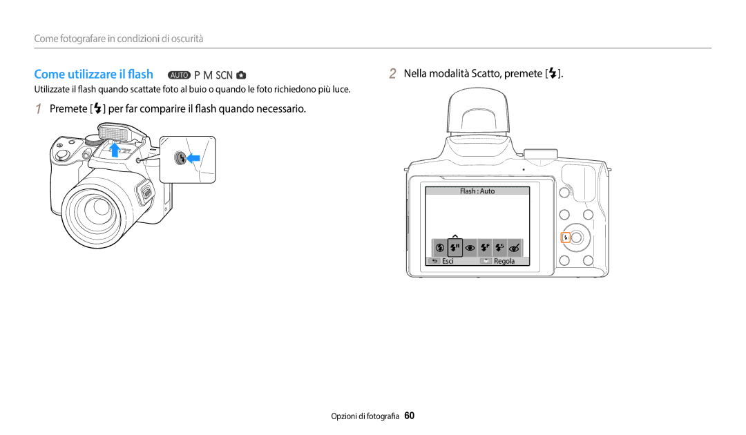 Samsung EC-WB2100BPBE1 manual Premete F per far comparire il flash quando necessario, Nella modalità Scatto, premete F 