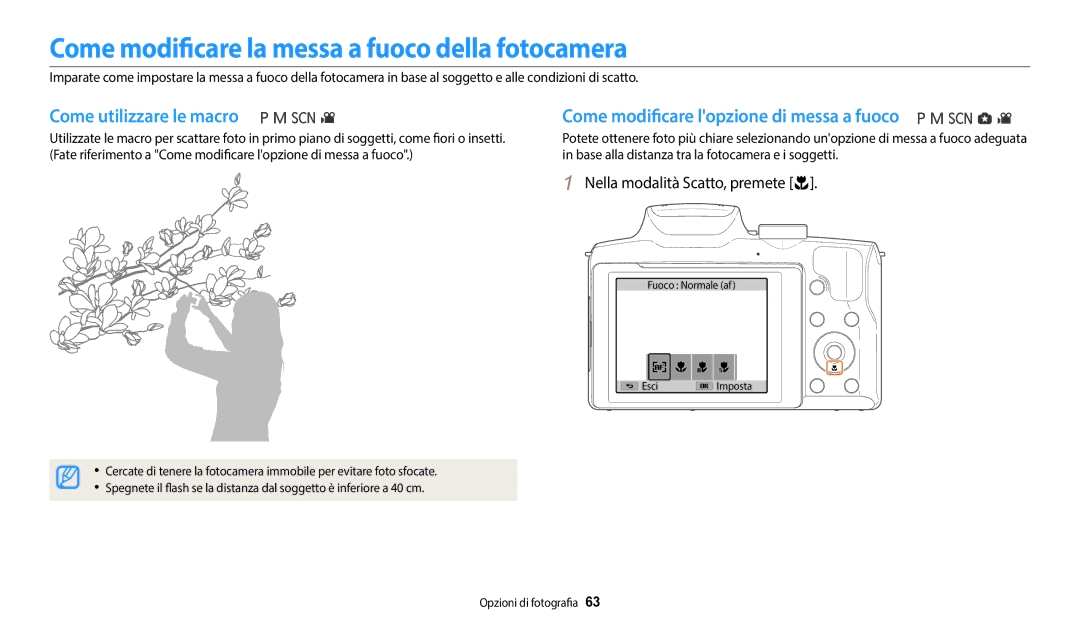 Samsung EC-WB2100BPBTR, EC-WB2100BPBE1 manual Come modificare la messa a fuoco della fotocamera, Come utilizzare le macro 