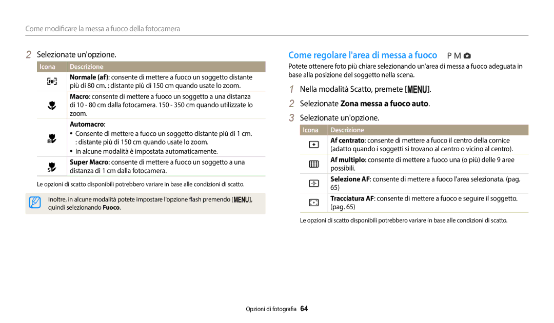 Samsung EC-WB2100BPBE1 Come regolare larea di messa a fuoco, Selezionate Zona messa a fuoco auto, Automacro, Possibili 