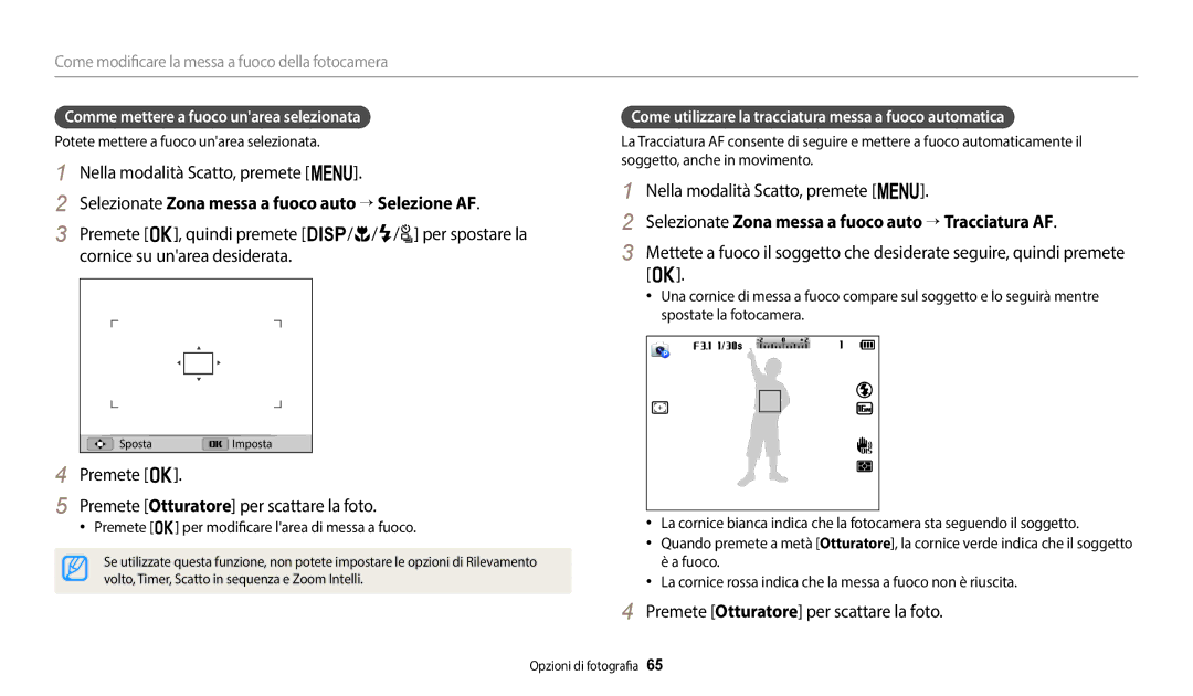 Samsung EC-WB2100BPBTR manual Selezionate Zona messa a fuoco auto → Selezione AF, Comme mettere a fuoco unarea selezionata 