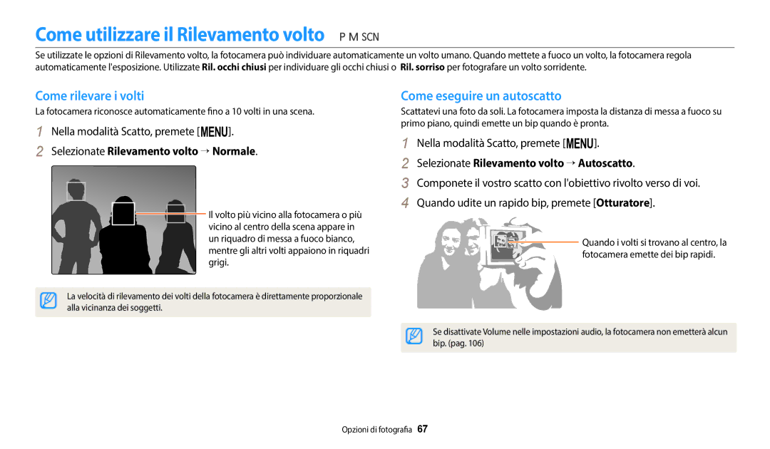 Samsung EC-WB2100BPBTR manual Come utilizzare il Rilevamento volto, Come rilevare i volti, Come eseguire un autoscatto 