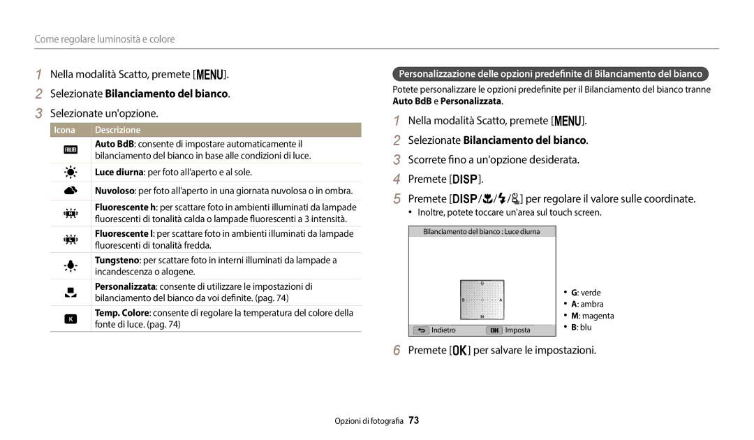 Samsung EC-WB2100BPBTR, EC-WB2100BPBE1 manual Selezionate Bilanciamento del bianco, Auto BdB e Personalizzata 