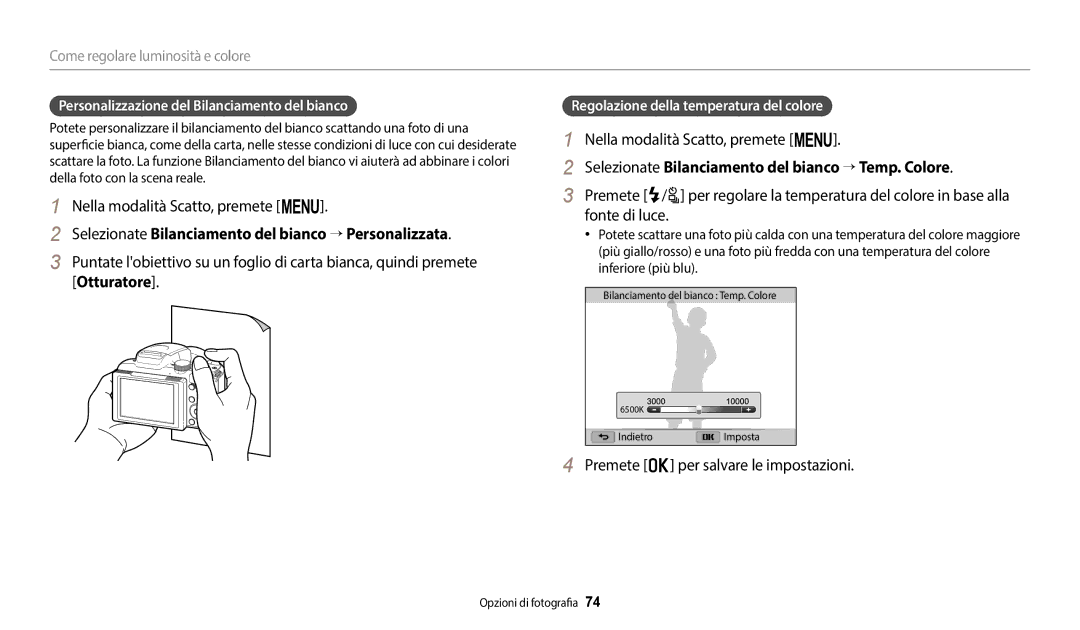 Samsung EC-WB2100BPBE1 Selezionate Bilanciamento del bianco → Personalizzata, Regolazione della temperatura del colore 