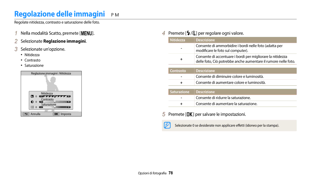 Samsung EC-WB2100BPBE1 Regolazione delle immagini, Selezionate Reglazione immagini, Premete F/t per regolare ogni valore 