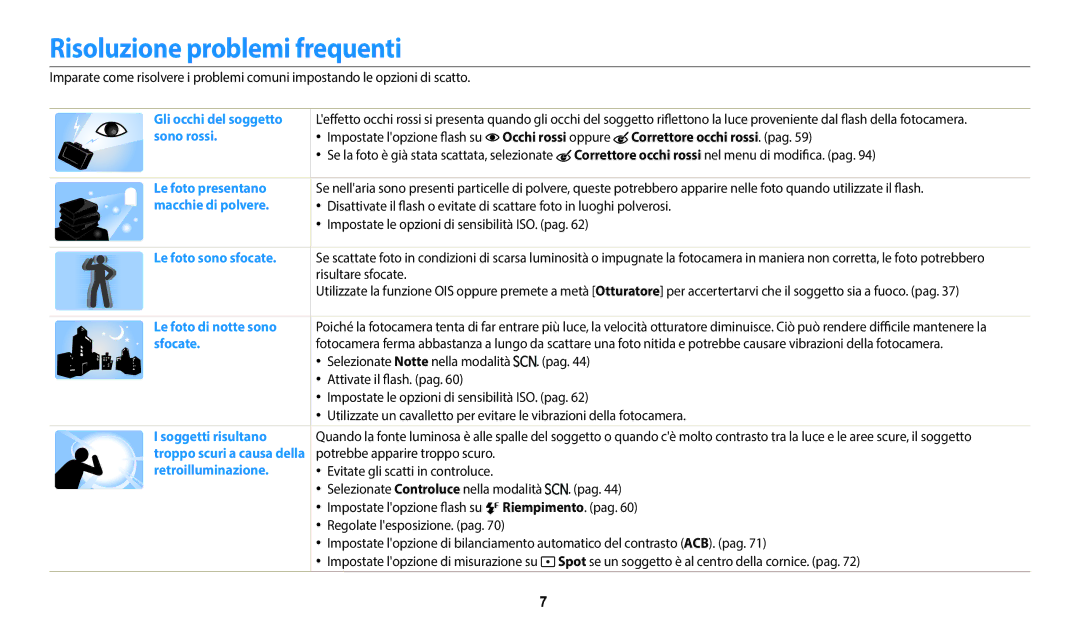 Samsung EC-WB2100BPBTR Risoluzione problemi frequenti, Occhi rossi oppure Correttore occhi rossi. pag, Riempimento. pag 