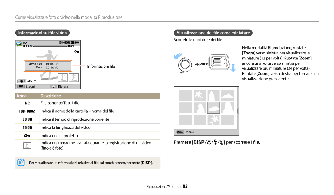 Samsung EC-WB2100BPBE1, EC-WB2100BPBTR manual Premete D/c/F/t per scorrere i file, Informazioni sui file video 