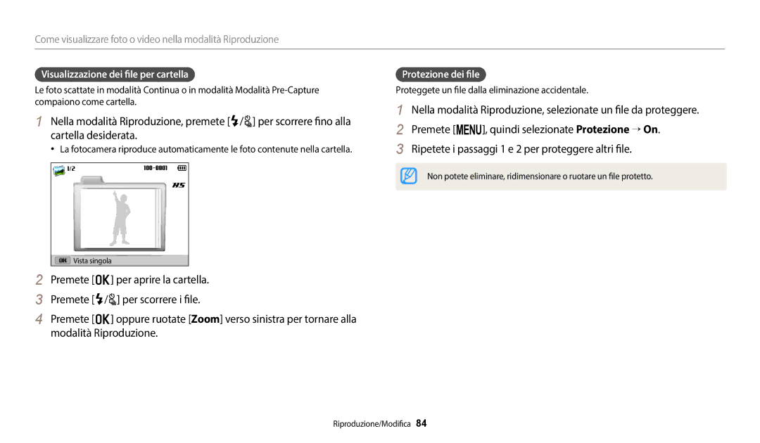 Samsung EC-WB2100BPBE1, EC-WB2100BPBTR manual Visualizzazione dei file per cartella, Protezione dei file 