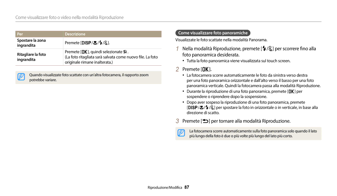 Samsung EC-WB2100BPBTR Premete o, Premete r per tornare alla modalità Riproduzione, Come visualizzare foto panoramiche 