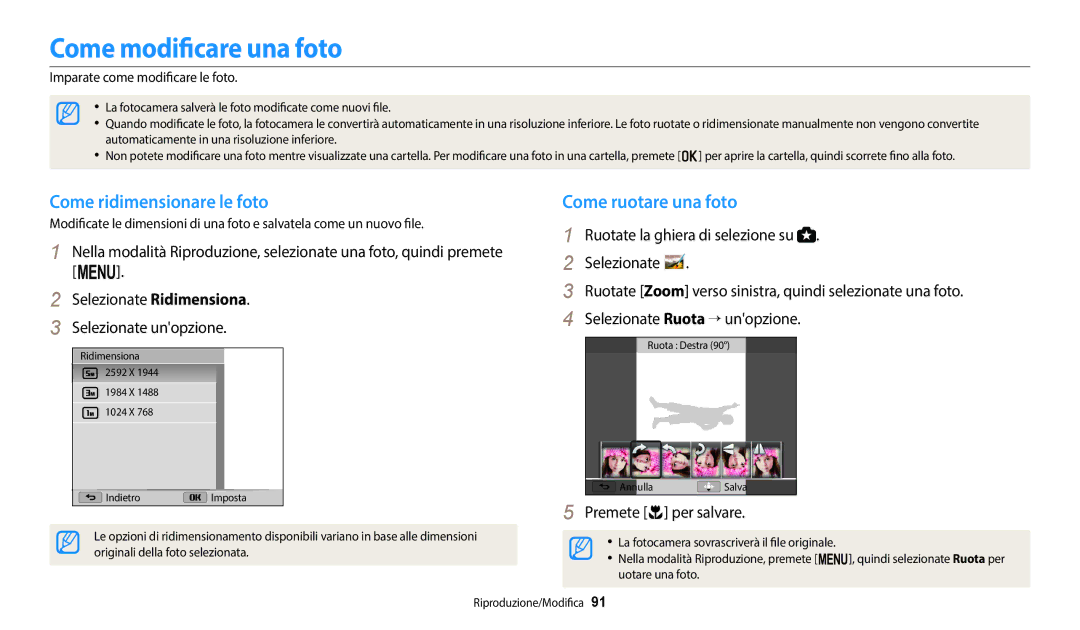 Samsung EC-WB2100BPBTR, EC-WB2100BPBE1 manual Come modificare una foto, Come ridimensionare le foto, Premete c per salvare 