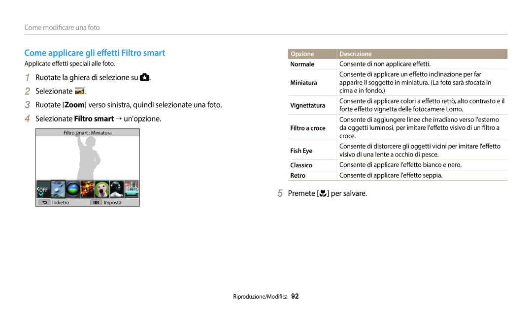 Samsung EC-WB2100BPBE1 manual Come applicare gli effetti Filtro smart, Applicate effetti speciali alle foto, Normale 