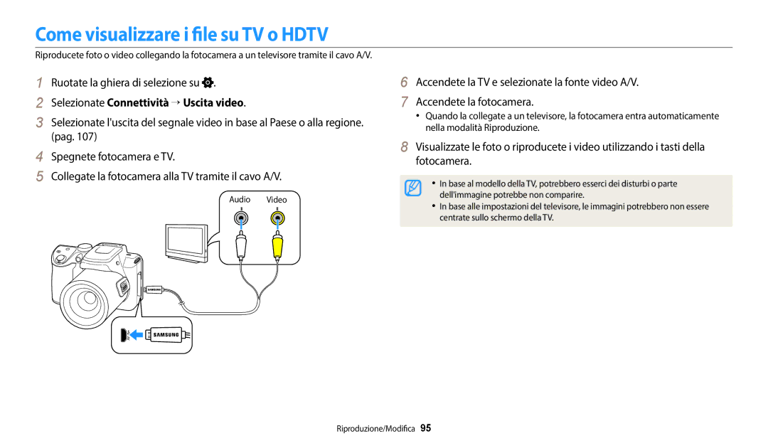 Samsung EC-WB2100BPBTR, EC-WB2100BPBE1 manual Come visualizzare i file su TV o Hdtv, Selezionate Connettività → Uscita video 