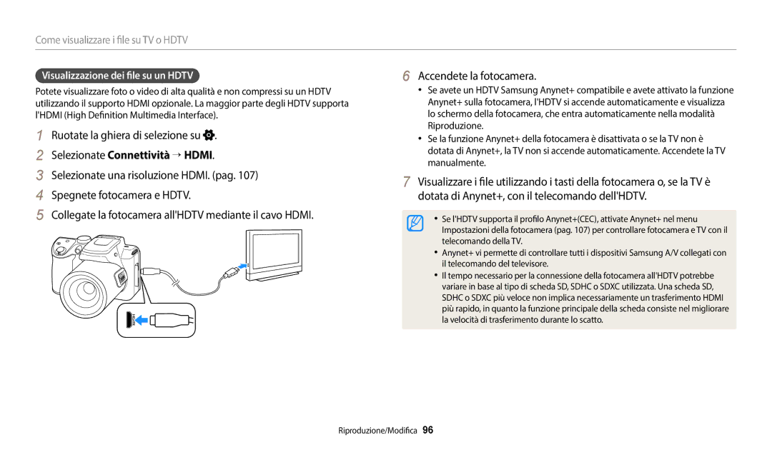 Samsung EC-WB2100BPBE1, EC-WB2100BPBTR manual Selezionate Connettività → Hdmi, Visualizzazione dei file su un Hdtv 