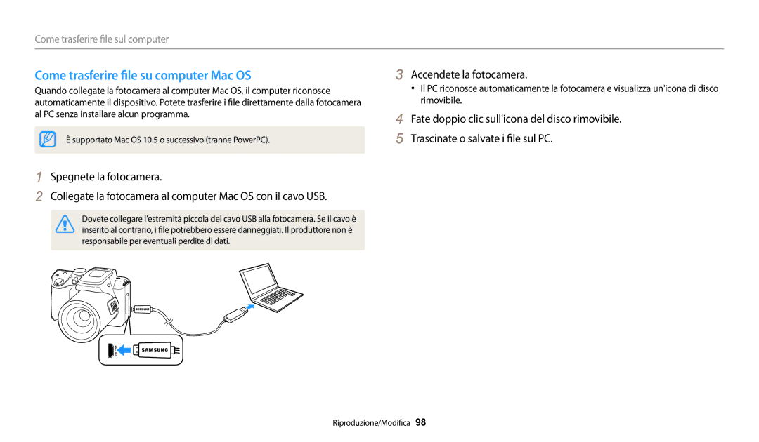 Samsung EC-WB2100BPBE1, EC-WB2100BPBTR manual Come trasferire file su computer Mac OS 