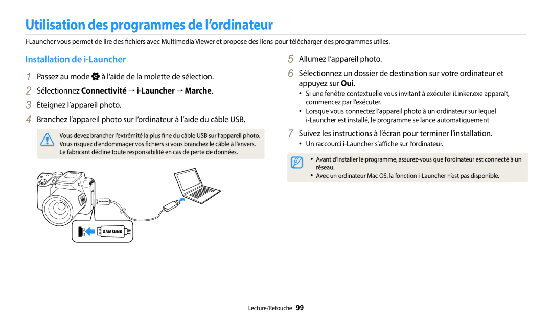 Samsung EC-WB2100BPRFR, EC-WB2100BPBFR manual Utilisation des programmes de l’ordinateur, Installation de i-Launcher 