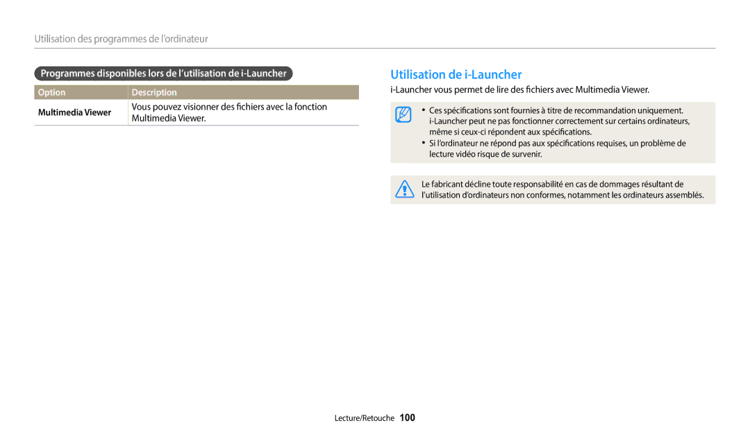 Samsung EC-WB2100BPBFR manual Utilisation de i-Launcher, Programmes disponibles lors de l’utilisation de i-Launcher 