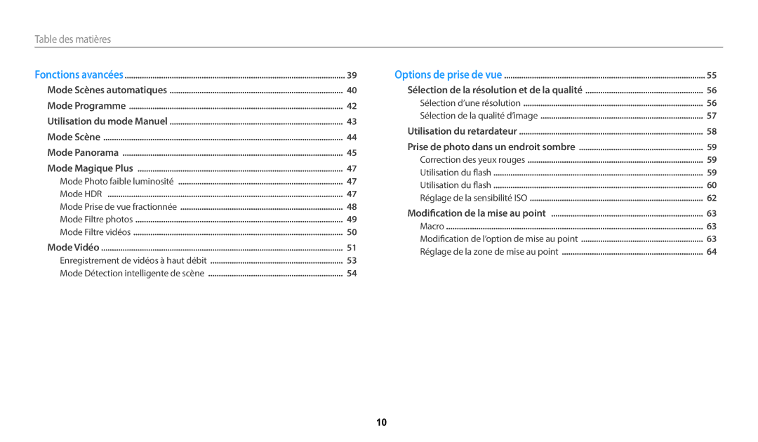 Samsung EC-WB2100BPBFR, EC-WB2100BPRFR manual Table﻿ des matières 