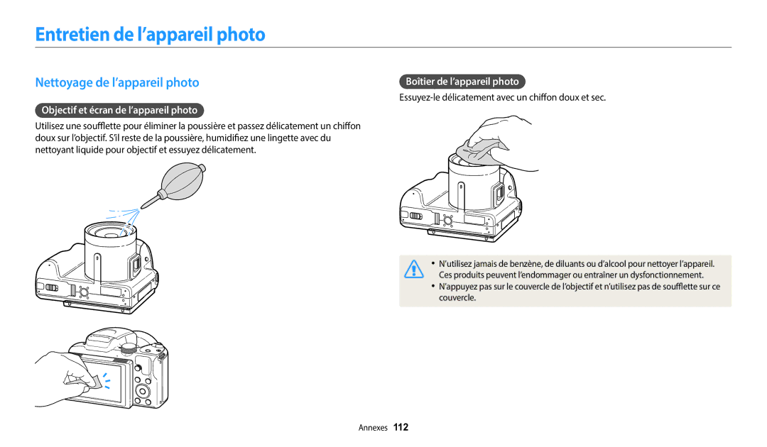 Samsung EC-WB2100BPBFR Entretien de l’appareil photo, Nettoyage de l’appareil photo, Objectif et écran de l’appareil photo 