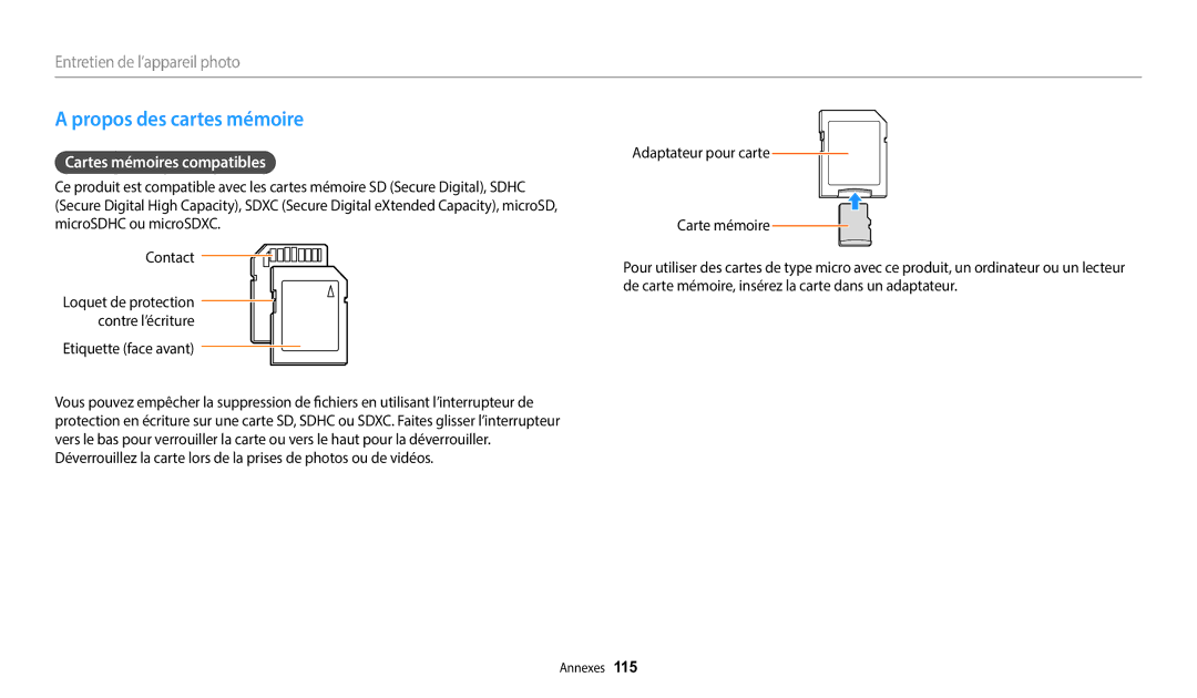 Samsung EC-WB2100BPRFR, EC-WB2100BPBFR manual Propos des cartes mémoire, Cartes mémoires compatibles, Etiquette face avant 