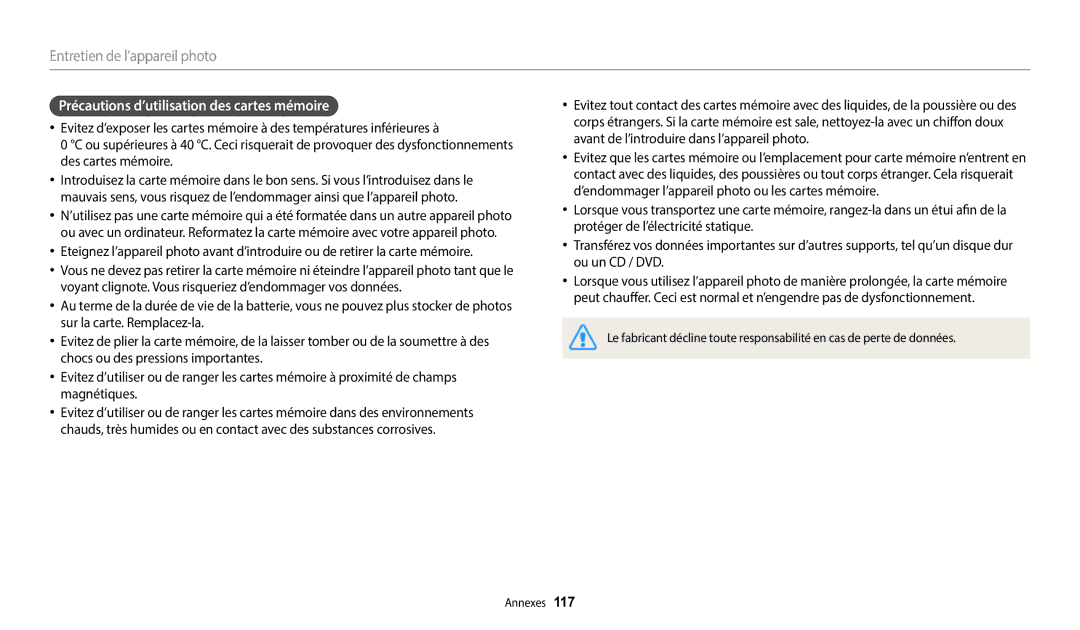 Samsung EC-WB2100BPRFR, EC-WB2100BPBFR manual Précautions d’utilisation des cartes mémoire 