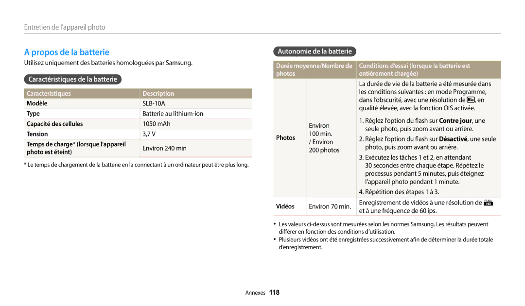 Samsung EC-WB2100BPBFR, EC-WB2100BPRFR Propos de la batterie, Caractéristiques de la batterie, Autonomie de la batterie 