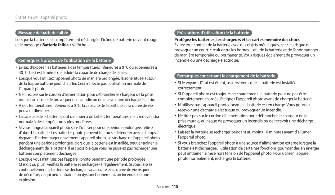 Samsung EC-WB2100BPRFR, EC-WB2100BPBFR manual Message de batterie faible, Remarques à propos de l’utilisation de la batterie 