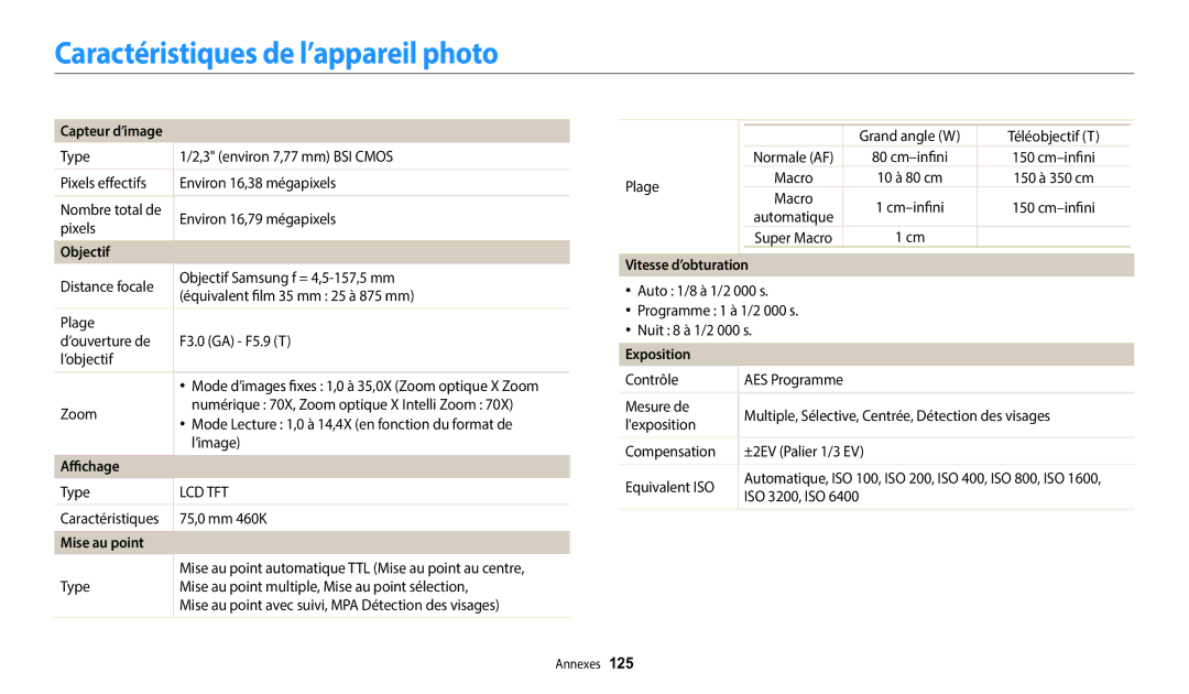 Samsung EC-WB2100BPRFR manual Caractéristiques de l’appareil photo, Capteur d’image, Mise au point, Vitesse d’obturation 