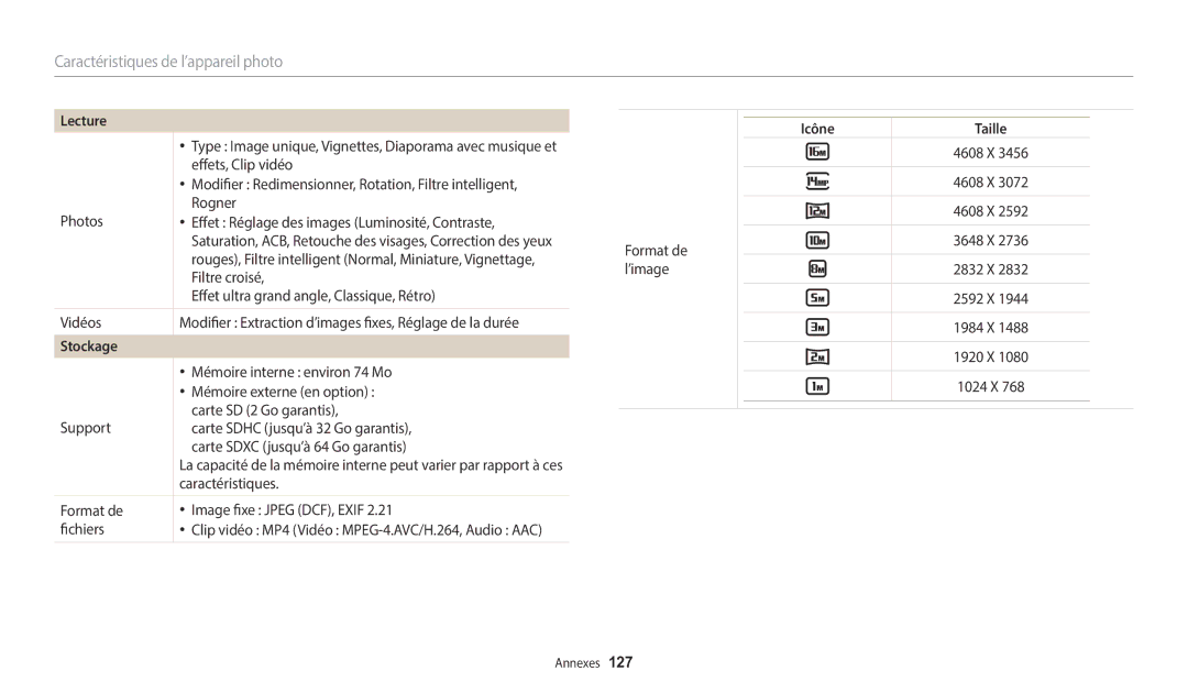 Samsung EC-WB2100BPRFR, EC-WB2100BPBFR manual Stockage, Icône Taille 