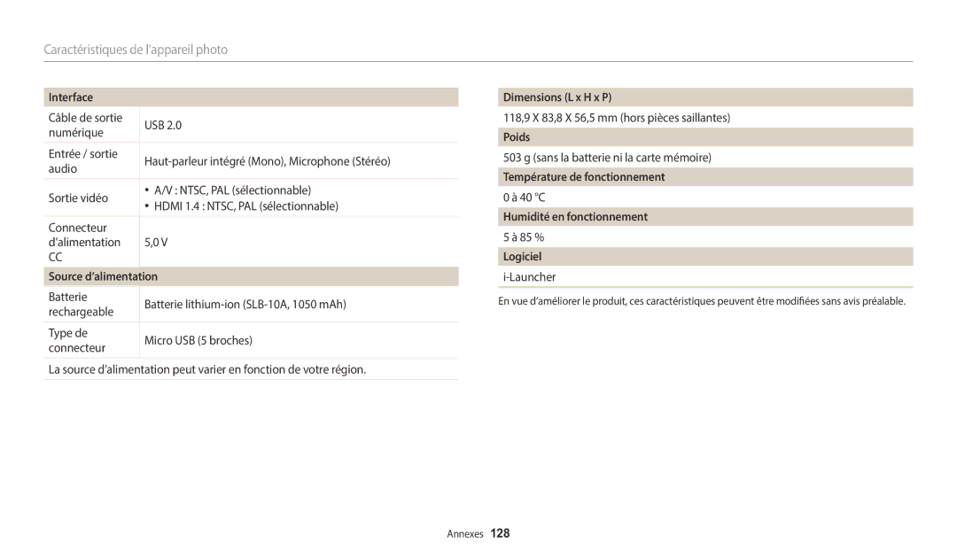 Samsung EC-WB2100BPBFR manual Interface, Source d’alimentation, Dimensions L x H x P, Poids, Température de fonctionnement 