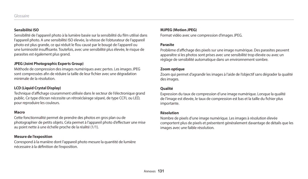 Samsung EC-WB2100BPRFR manual Sensibilité ISO, Jpeg Joint Photographic Experts Group, LCD Liquid Crystal Display, Parasite 