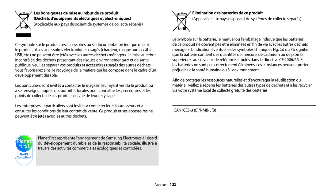 Samsung EC-WB2100BPRFR, EC-WB2100BPBFR manual Elimination des batteries de ce produit 