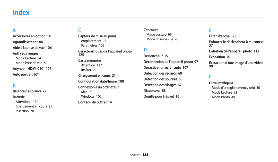 Samsung EC-WB2100BPBFR, EC-WB2100BPRFR manual Index, Insérer, Mac Windows, Mode Lecture Mode Prise de vue 