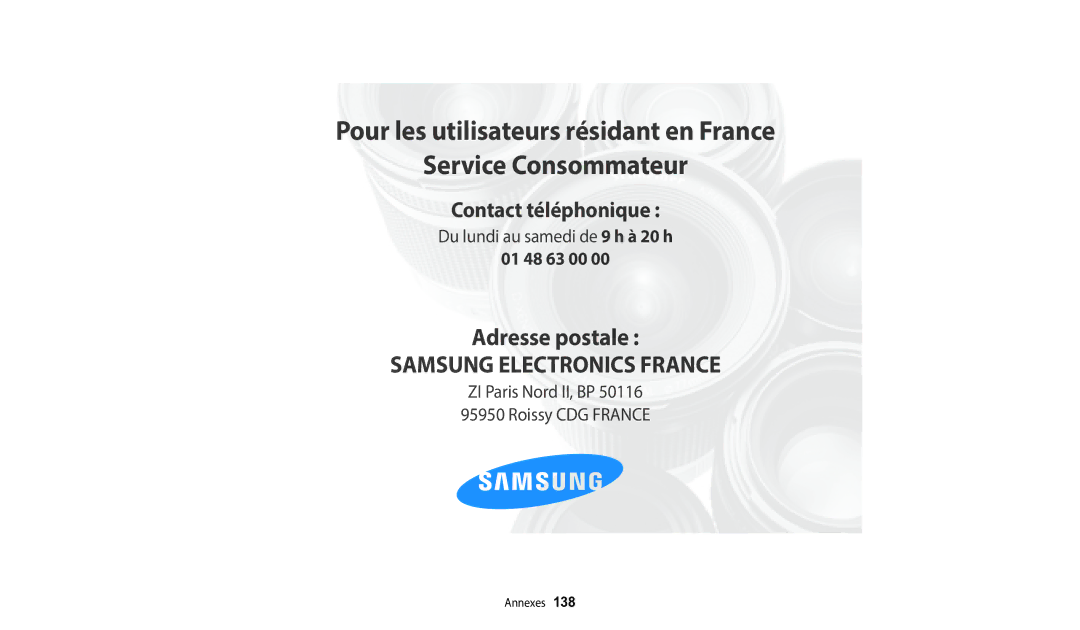 Samsung EC-WB2100BPBFR, EC-WB2100BPRFR manual Samsung Electronics France 