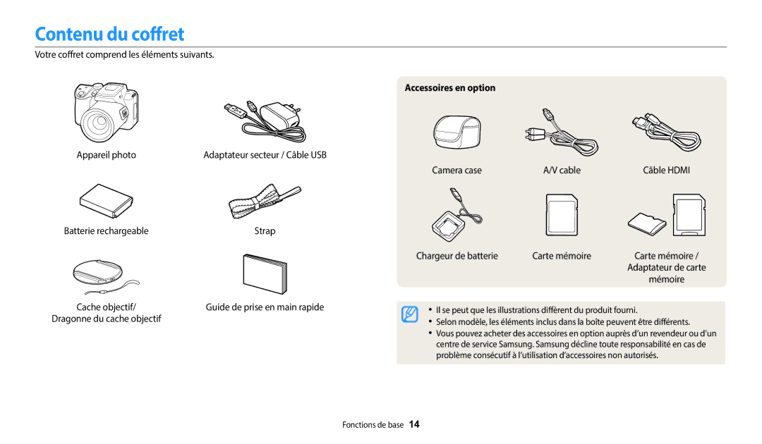 Samsung EC-WB2100BPBFR, EC-WB2100BPRFR manual Contenu du coffret, Accessoires en option 