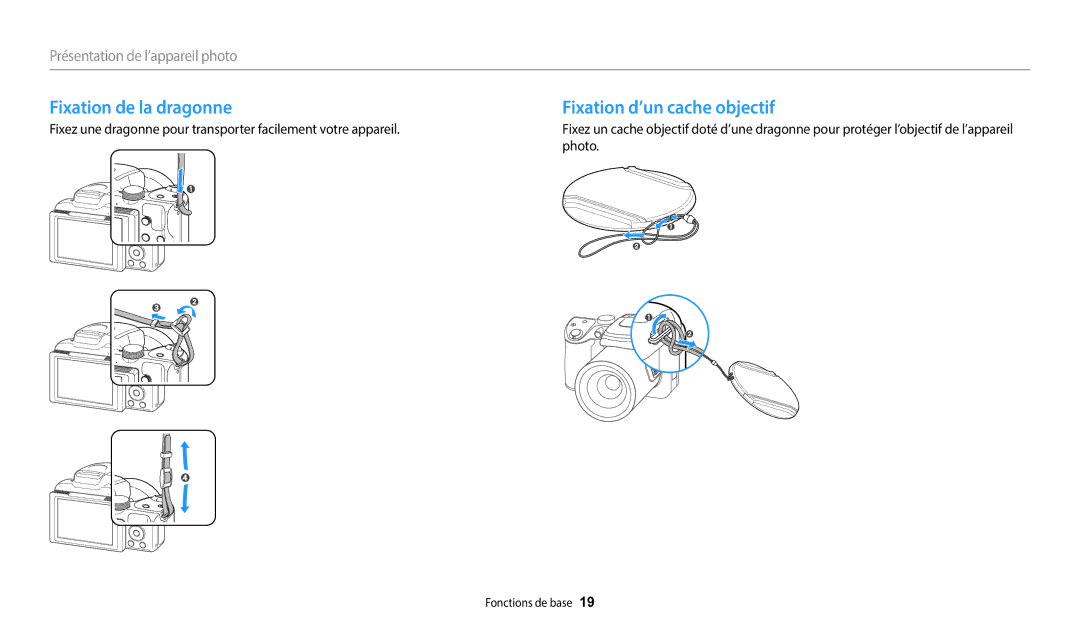 Samsung EC-WB2100BPRFR, EC-WB2100BPBFR manual Fixation de la dragonne, Fixation d’un cache objectif 